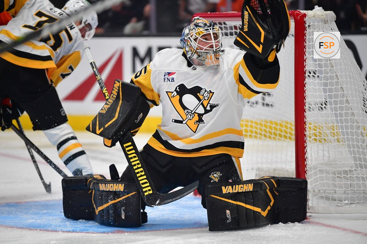 Oct 14, 2025; Anaheim, California, USA; Pittsburgh Penguins goaltender Tristan Jarry (35) defends the goal against the Anaheim Ducks during the second period at Honda Center. Credit: Gary A. Vasquez-Imagn Images
