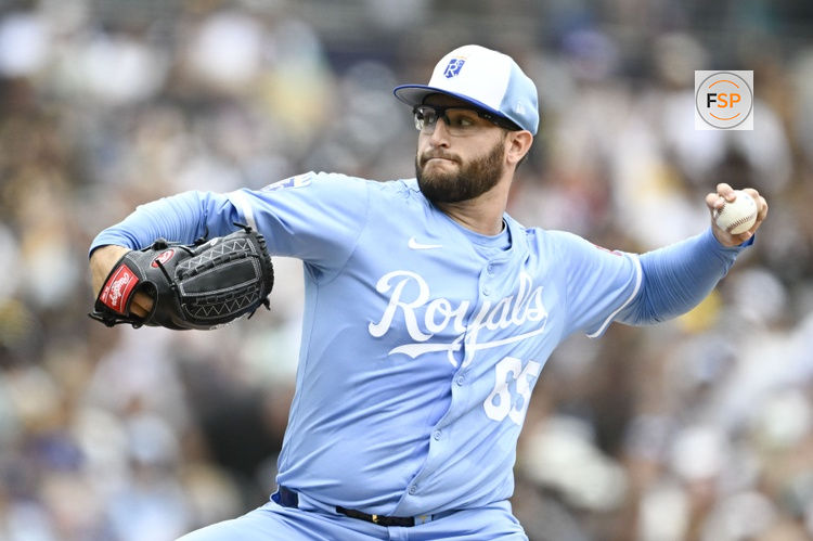 Jun 21, 2025; San Diego, California, USA; Kansas City Royals starting pitcher Noah Cameron (65) delivers during tht second inning against the San Diego Padres at Petco Park. Credit: Denis Poroy-Imagn Images