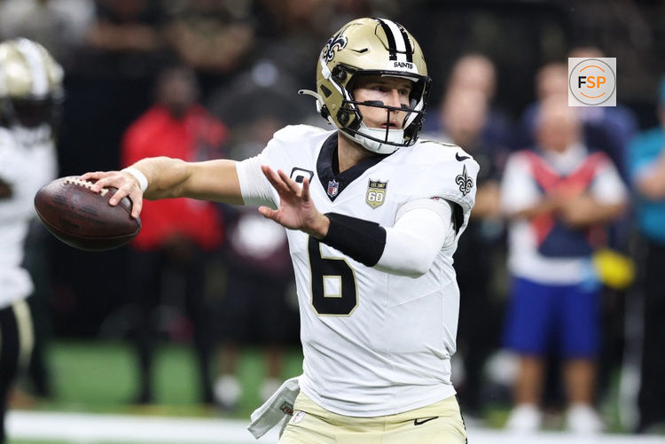 Oct 5, 2026; New Orleans, Louisiana, USA;  New Orleans Saints quarterback Tyler Shough (6) passes against the Atlanta Falcons during the first half at Caesars Superdome.  Credit: Stephen Lew-Imagn Images
