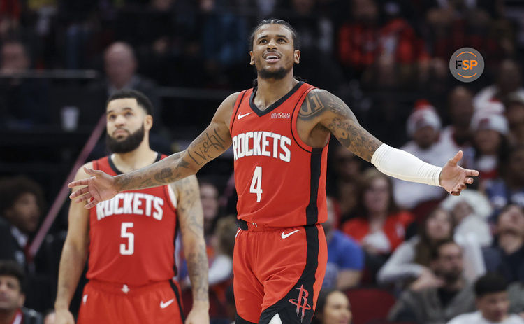 Dec 1, 2024; Houston, Texas, USA; Houston Rockets guard Jalen Green (4) reacts after a play during the game against the Oklahoma City Thunder at Toyota Center. Credit: Troy Taormina-Imagn Images