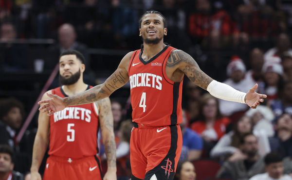 Dec 1, 2024; Houston, Texas, USA; Houston Rockets guard Jalen Green (4) reacts after a play during the game against the Oklahoma City Thunder at Toyota Center. Mandatory Credit: Troy Taormina-Imagn Images