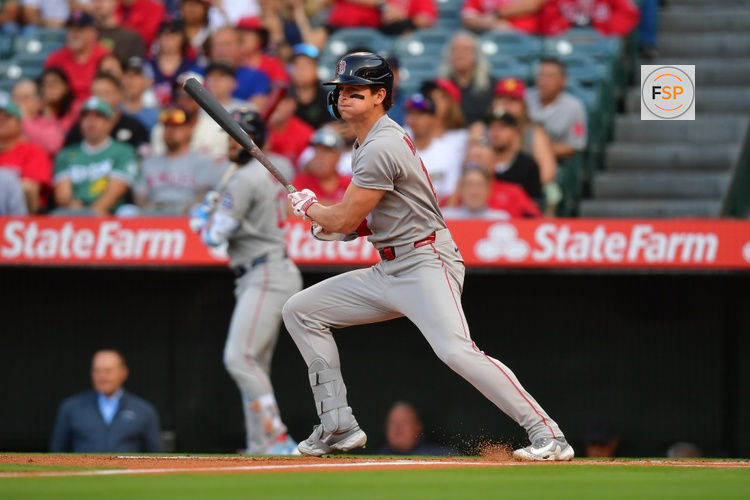 Jun 23, 2025; Anaheim, California, USA; Boston Red Sox designated hitter Roman Anthony (19) hits a single against the Los Angeles Angels during the first inning at Angel Stadium. Credit: Gary A. Vasquez-Imagn Images