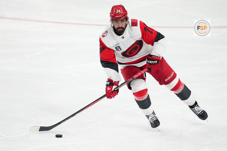 Jun 6, 2026; Las Vegas, Nevada, USA; Carolina Hurricanes right wing Seth Jarvis (24) controls the puck against the Vegas Golden Knights during the third period in game three of the 2026 Stanley Cup Final at T-Mobile Arena. Credit: Lucas Peltier-Imagn Images