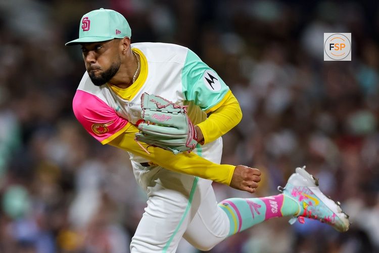 Aug 1, 2025; San Diego, California, USA; San Diego Padres pitcher Robert Suarez (75) pitches during the ninth inning against the St. Louis Cardinals at Petco Park. Credit: Chadd Cady-Imagn Images