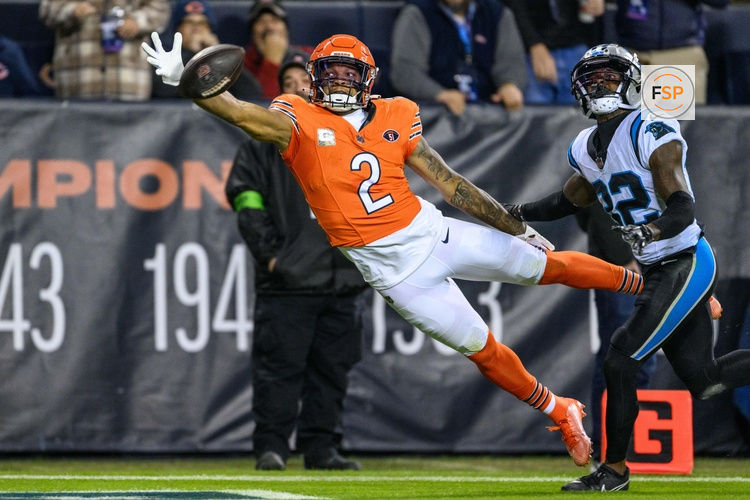 Nov 9, 2023; Chicago, Illinois, USA; Chicago Bears wide receiver D.J. Moore (2) cannot make a diving catch against the Carolina Panthers during the first quarter at Soldier Field. Credit: Daniel Bartel-USA TODAY Sports