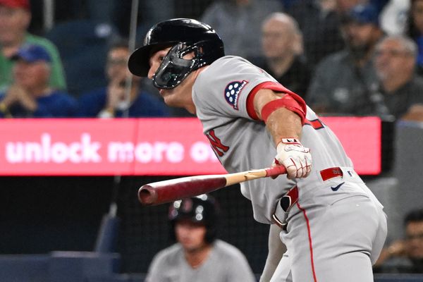 Sep 24, 2025; Toronto, Ontario, CAN;  Boston Red Sox second baseman Romy Gonzalez (23) hits a single against the Toronto Blue Jays in the first inning at Rogers Centre. Mandatory Credit: Dan Hamilton-Imagn Images