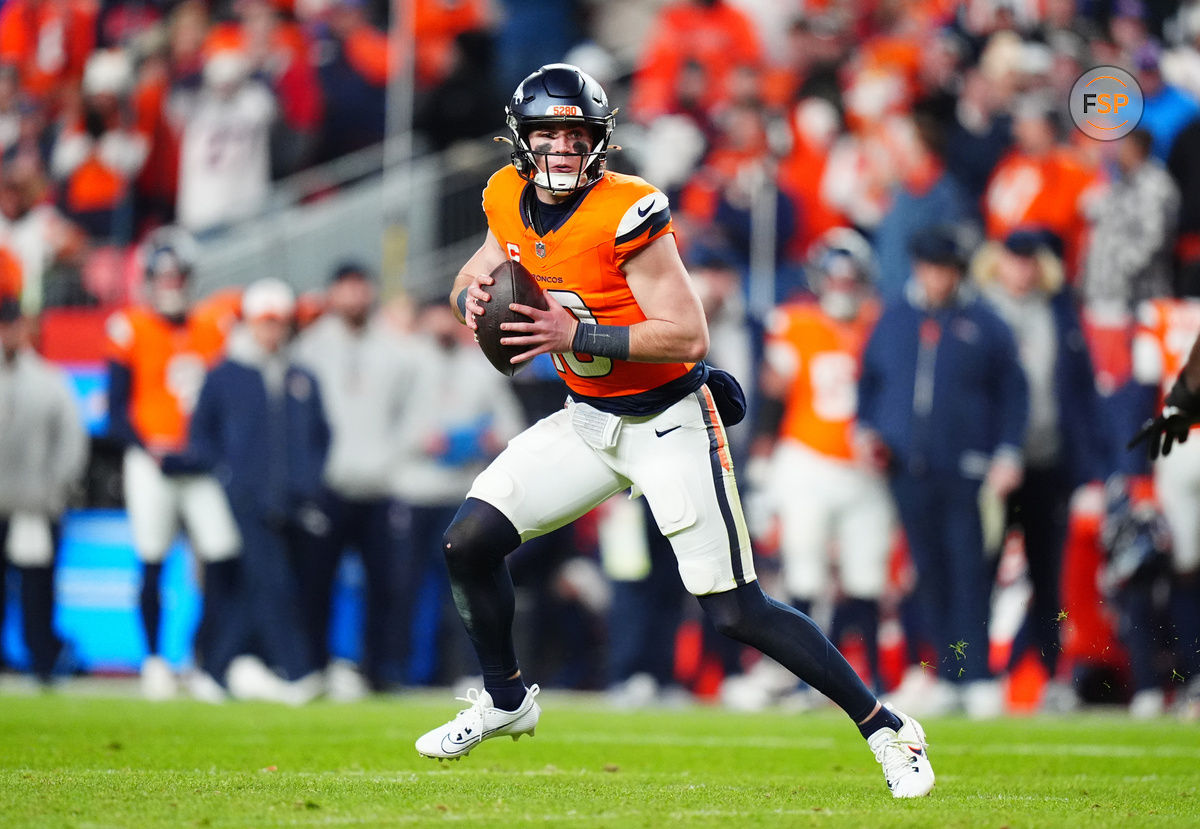 Dec 15, 2024; Denver, Colorado, USA; Denver Broncos quarterback Bo Nix (10) scrambles with the ball in the fourth quarter against the Indianapolis Colts at Empower Field at Mile High. Credit: Ron Chenoy-Imagn Images