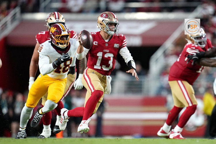 Oct 19, 2026; Santa Clara, California, USA;  San Francisco 49ers quarterback Brock Purdy (13) comes under pressure from Washington Commanders linebacker Joshua Josephs (48) during the second quarter at Levi's Stadium.  Credit: Cary Edmondson-Imagn Images