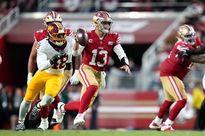 Oct 19, 2026; Santa Clara, California, USA;  San Francisco 49ers quarterback Brock Purdy (13) comes under pressure from Washington Commanders linebacker Joshua Josephs (48) during the second quarter at Levi's Stadium.  Mandatory Credit: Cary Edmondson-Imagn Images