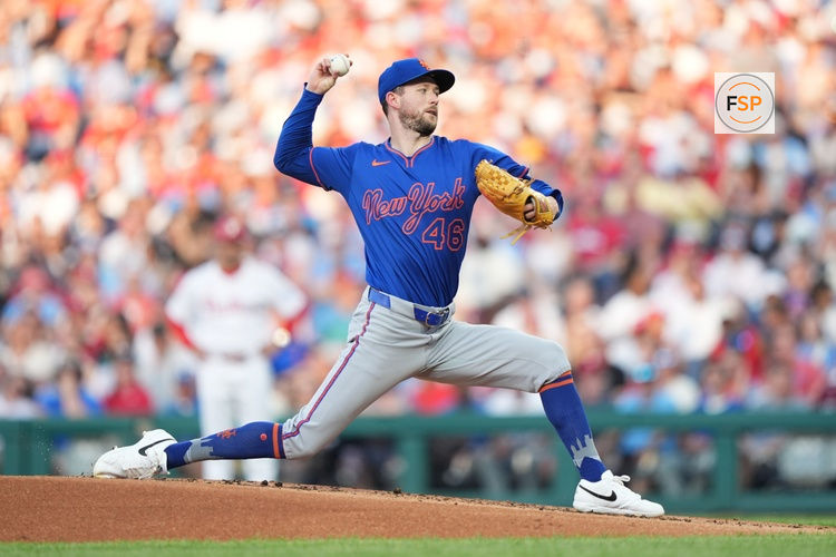 Jun 21, 2025; Philadelphia, Pennsylvania, USA; New York Mets starting pitcher Griffin Canning (46) throws a pitch against the Philadelphia Phillies in the first inning at Citizens Bank Park. Credit: Kyle Ross-Imagn Images