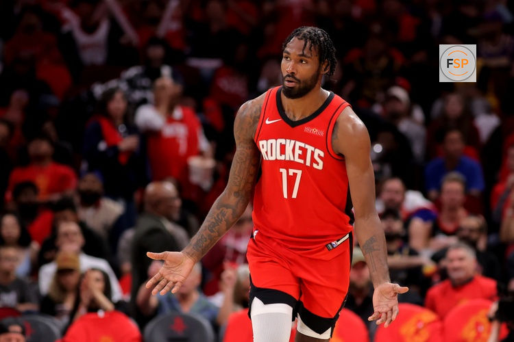 May 1, 2026; Houston, Texas, USA; Houston Rockets forward Tari Eason (17) reacts after a made basket against the Los Angeles Lakers during the third quarter of game six of the first round of the 2026 NBA Playoffs at Toyota Center. Credit: Erik Williams-Imagn Images