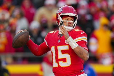 Dec 14, 2025; Kansas City, Missouri, USA; Kansas City Chiefs quarterback Patrick Mahomes (15) throws a pass during the second half against the Los Angeles Chargers at GEHA Field at Arrowhead Stadium. Mandatory Credit: Jay Biggerstaff-Imagn Images