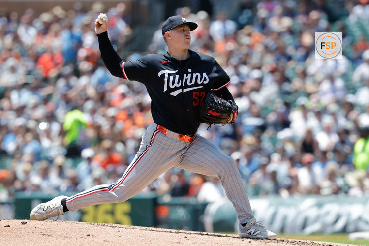 Jun 11, 2026; Detroit, Michigan, USA;  Minnesota Twins pitcher Zebby Matthews (52) pitches in the second inning against the Detroit Tigers at Comerica Park. Credit: Rick Osentoski-Imagn Images