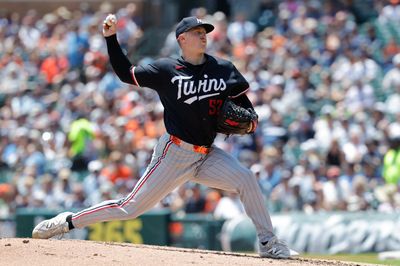 Jun 11, 2026; Detroit, Michigan, USA;  Minnesota Twins pitcher Zebby Matthews (52) pitches in the second inning against the Detroit Tigers at Comerica Park. Mandatory Credit: Rick Osentoski-Imagn Images