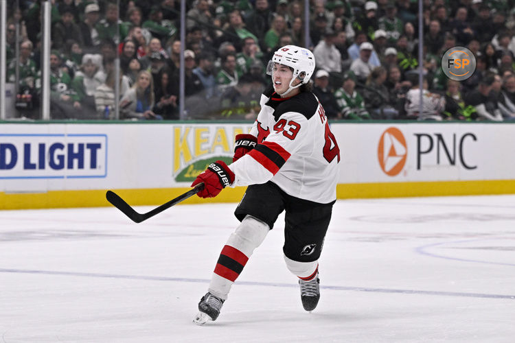 Mar 4, 2025; Dallas, Texas, USA; New Jersey Devils defenseman Luke Hughes (43) in action during the game between the Dallas Stars and the New Jersey Devils at the American Airlines Center. Credit: Jerome Miron-Imagn Images