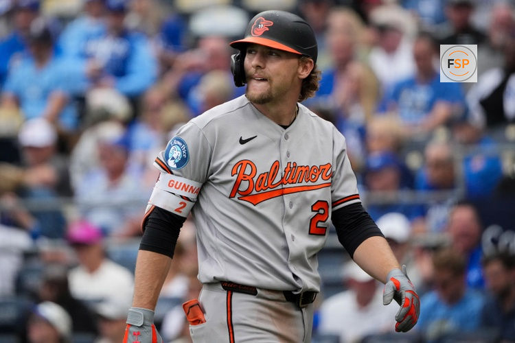 Apr 22, 2026; Kansas City, Missouri, USA; Baltimore Orioles shortstop Gunnar Henderson (2) reacts against the Kansas City Royals after striking out in the ninth inning at Kauffman Stadium. Credit: Denny Medley-Imagn Images