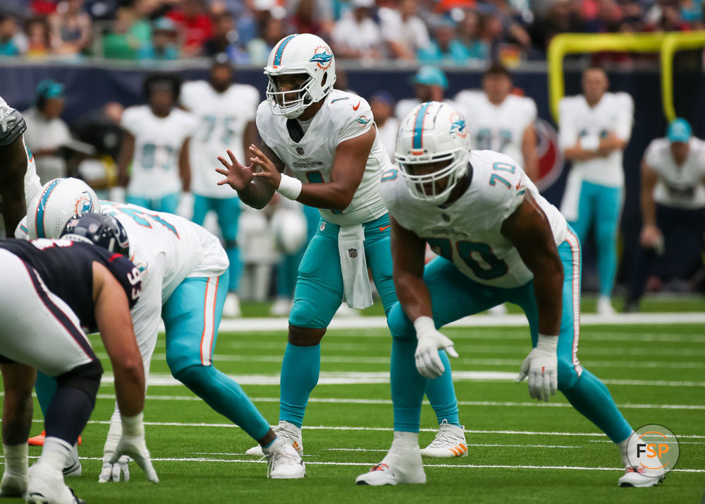 HOUSTON, TX - AUGUST 19:  Miami Dolphins quarterback Tua Tagovailoa (1) calls for the snap in the first quarter during the preseason NFL game between the Miami Dolphins and Houston Texans on August 19, 2023 at NRG Stadium in Houston, Texas.  (Photo by Leslie Plaza Johnson/Icon Sportswire)