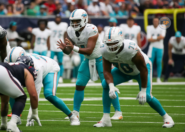 HOUSTON, TX - AUGUST 19:  Miami Dolphins quarterback Tua Tagovailoa (1) calls for the snap in the first quarter during the preseason NFL game between the Miami Dolphins and Houston Texans on August 19, 2023 at NRG Stadium in Houston, Texas.  (Photo by Leslie Plaza Johnson/Icon Sportswire)