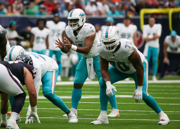 HOUSTON, TX - AUGUST 19:  Miami Dolphins quarterback Tua Tagovailoa (1) calls for the snap in the first quarter during the preseason NFL game between the Miami Dolphins and Houston Texans on August 19, 2023 at NRG Stadium in Houston, Texas.  (Photo by Leslie Plaza Johnson/Icon Sportswire)