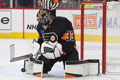 Oct 31, 2024; Philadelphia, Pennsylvania, USA; Philadelphia Flyers goaltender Samuel Ersson (33) makes a save against the St. Louis Blues during the second period at Wells Fargo Center. Mandatory Credit: Eric Hartline-Imagn Images