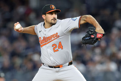 Sep 25, 2024; Bronx, New York, USA; Baltimore Orioles starting pitcher Zach Eflin (24) pitches against the New York Yankees during the first inning at Yankee Stadium. Mandatory Credit: Brad Penner-Imagn Images