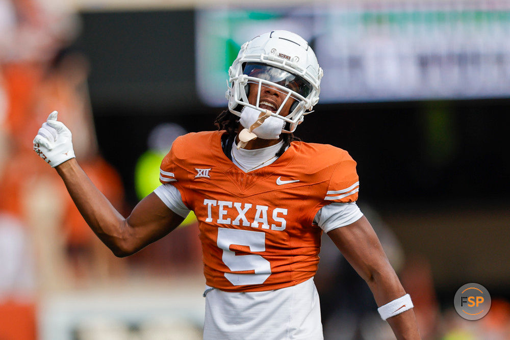 AUSTIN, TX - NOVEMBER 04: Texas Longhorns wide receiver Adonai Mitchell (5) celebrates after making a catch for a first down during the game between the Texas Longhorns and the Kansas State Wildcats on November 4, 2023 at Darrell K Royal -Texas Memorial Stadium in Austin, Texas. (Photo by Matthew Pearce/Icon Sportswire)