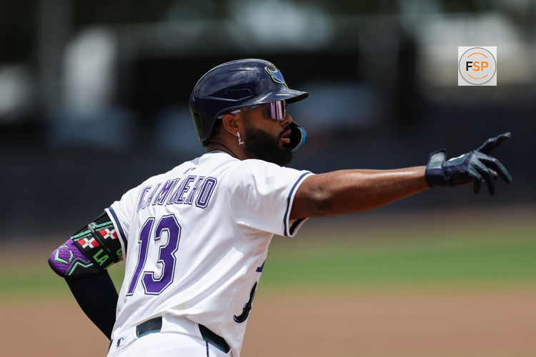 Jun 21, 2025; Tampa, Florida, USA; Tampa Bay Rays third baseman Junior Caminero (13) runs the bases after hitting a home run against the Detroit Tigers in the fourth inning at George M. Steinbrenner Field. Credit: Nathan Ray Seebeck-Imagn Images