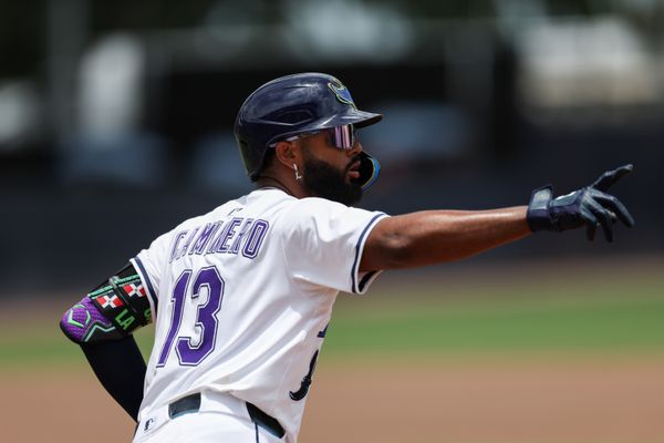 Jun 21, 2025; Tampa, Florida, USA; Tampa Bay Rays third baseman Junior Caminero (13) runs the bases after hitting a home run against the Detroit Tigers in the fourth inning at George M. Steinbrenner Field. Mandatory Credit: Nathan Ray Seebeck-Imagn Images