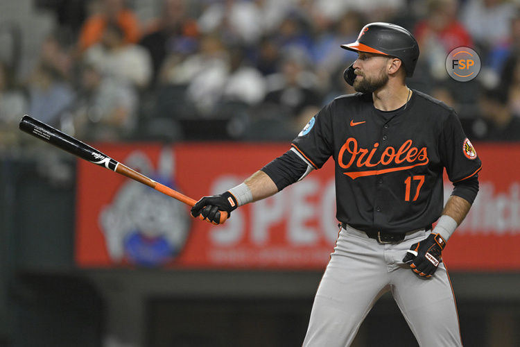 ARLINGTON, TX - JULY 19: Baltimore Orioles outfielder Colton Cowser (17) at the plate during a MLB game between the Texas Rangers and Baltimore Orioles on July 19, 2024, at Globe Life Field in Arlington, TX. (Photo by Nick Wosika/Icon Sportswire)