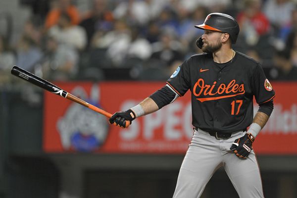 ARLINGTON, TX - JULY 19: Baltimore Orioles outfielder Colton Cowser (17) at the plate during a MLB game between the Texas Rangers and Baltimore Orioles on July 19, 2024, at Globe Life Field in Arlington, TX. (Photo by Nick Wosika/Icon Sportswire)