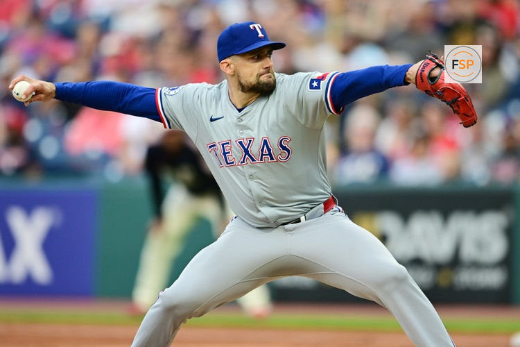 Aug 23, 2024; Cleveland, Ohio, USA; Texas Rangers starting pitcher Nathan Eovaldi (17) throws a pitch during the first inning against the Cleveland Guardians at Progressive Field. Credit: Ken Blaze-USA TODAY Sports