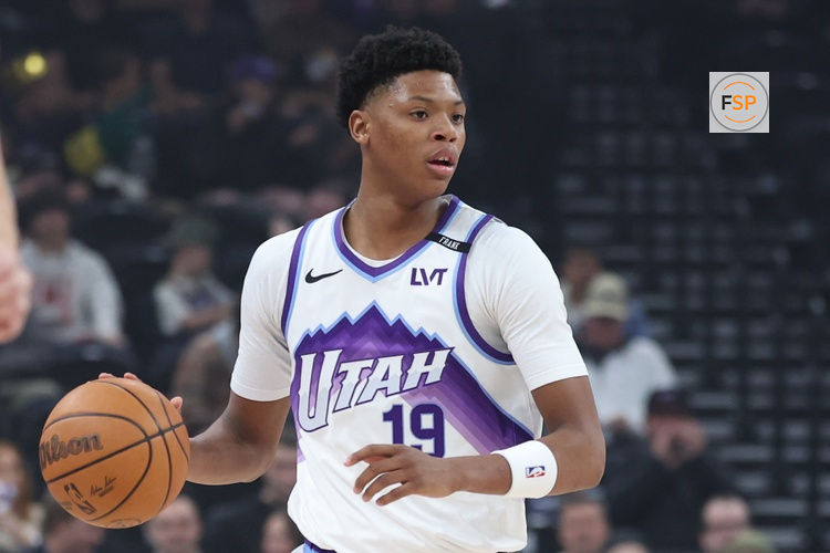 Nov 10, 2025; Salt Lake City, Utah, USA; Utah Jazz guard Ace Bailey (19) brings the ball up the court against the Minnesota Timberwolves during the first quarter at Delta Center. Credit: Rob Gray-Imagn Images