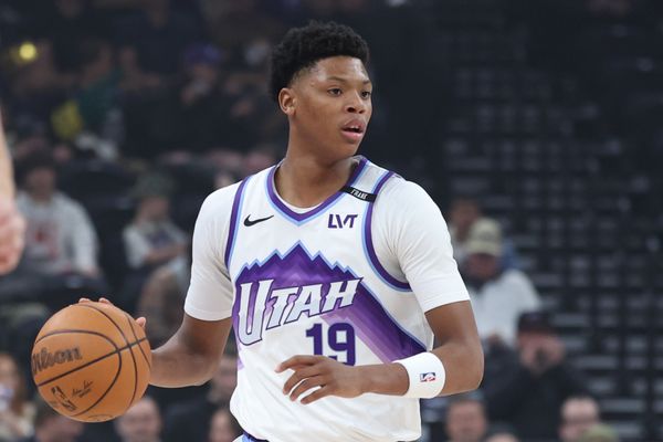 Nov 10, 2025; Salt Lake City, Utah, USA; Utah Jazz guard Ace Bailey (19) brings the ball up the court against the Minnesota Timberwolves during the first quarter at Delta Center. Mandatory Credit: Rob Gray-Imagn Images