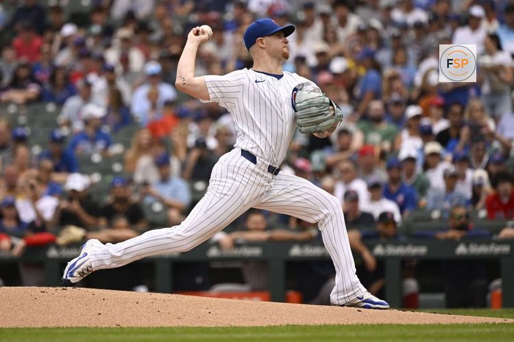 Jul 20, 2025; Chicago, Illinois, USA;  Chicago Cubs pitcher Cade Horton (22) delivers against the Boston Red Sox during the first inning at Wrigley Field. Credit: Matt Marton-Imagn Images