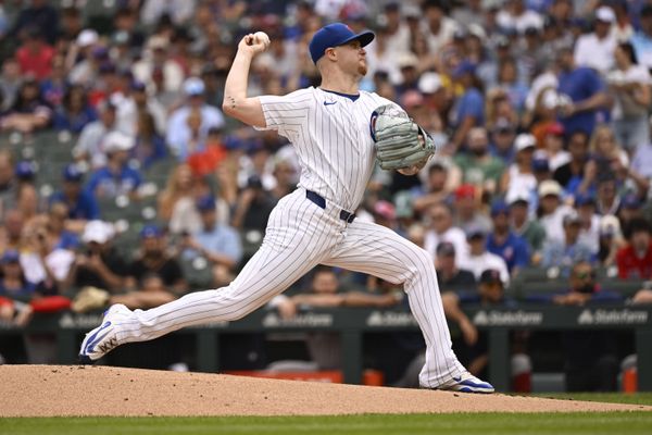 Jul 20, 2025; Chicago, Illinois, USA;  Chicago Cubs pitcher Cade Horton (22) delivers against the Boston Red Sox during the first inning at Wrigley Field. Mandatory Credit: Matt Marton-Imagn Images