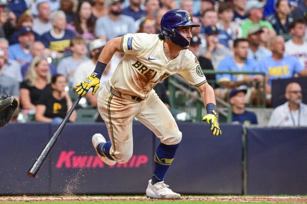 Aug 12, 2025; Milwaukee, Wisconsin, USA; Milwaukee Brewers right fielder Sal Frelick (10) drives in a run with a base hit in the fourth inning against the Pittsburgh Pirates at American Family Field. Mandatory Credit: Benny Sieu-Imagn Images