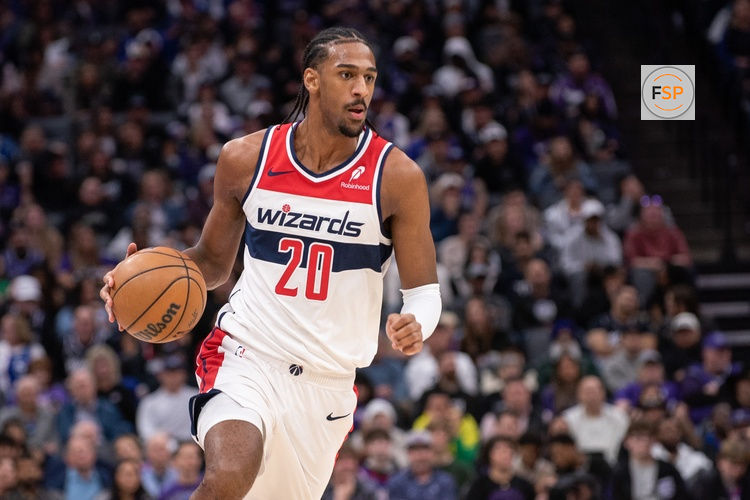 Jan 19, 2025; Sacramento, California, USA; Washington Wizards forward Alexandre Sarr (20) controls the ball against the Sacramento Kings during the second quarter at Golden 1 Center. Credit: Ed Szczepanski-Imagn Images