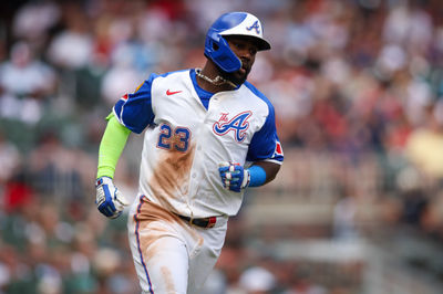 May 31, 2025; Atlanta, Georgia, USA; Atlanta Braves center fielder Michael Harris II (23) hits a single against the Boston Red Sox in the sixth inning at Truist Park. Mandatory Credit: Brett Davis-Imagn Images
