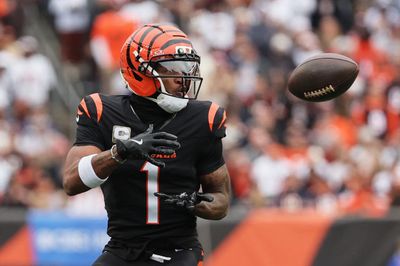 Nov 2, 2025; Cincinnati, Ohio, USA; Cincinnati Bengals wide receiver Ja'Marr Chase (1) catches a pass against the Chicago Bears during the second quarter at Paycor Stadium. Mandatory Credit: Joseph Maiorana-Imagn Images