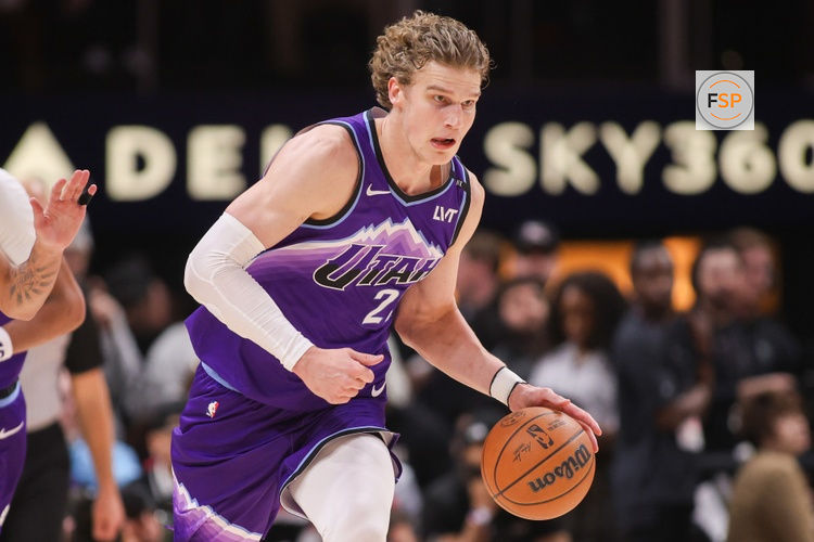 Feb 5, 2026; Atlanta, Georgia, USA; Utah Jazz forward Lauri Markkanen (23) dribbles against the Atlanta Hawks in the third quarter at State Farm Arena. Credit: Brett Davis-Imagn Images

