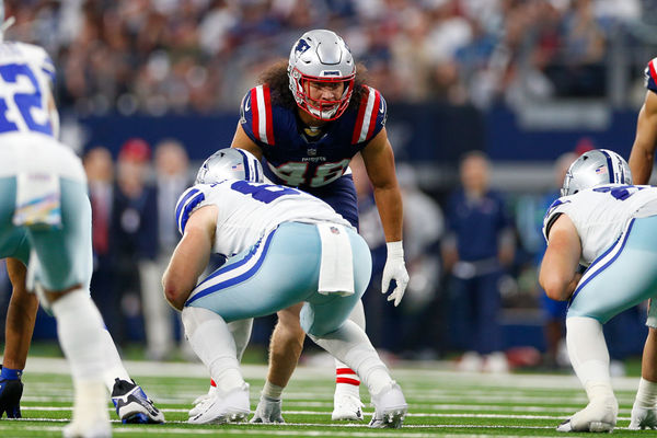 ARLINGTON, TX - OCTOBER 01: New England Patriots linebacker Jahlani Tavai (48) looks over the line during the game between the New England Patriots and Dallas Cowboys on October 1, 2023 at AT&T Stadium in Arlington, TX.  (Photo by Andrew Dieb/Icon Sportswire)