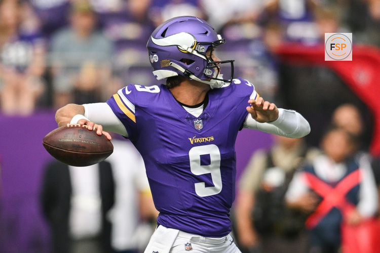Aug 9, 2025; Minneapolis, Minnesota, USA; Minnesota Vikings quarterback J.J. McCarthy (9) throws a pass against the Houston Texans during the first quarter at U.S. Bank Stadium. Credit: Jeffrey Becker-Imagn Images