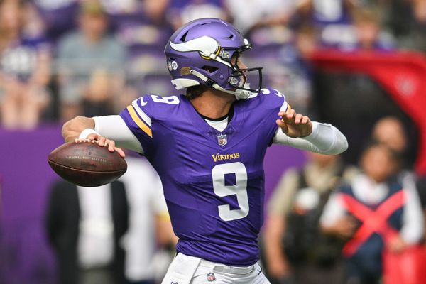 Aug 9, 2025; Minneapolis, Minnesota, USA; Minnesota Vikings quarterback J.J. McCarthy (9) throws a pass against the Houston Texans during the first quarter at U.S. Bank Stadium. Mandatory Credit: Jeffrey Becker-Imagn Images