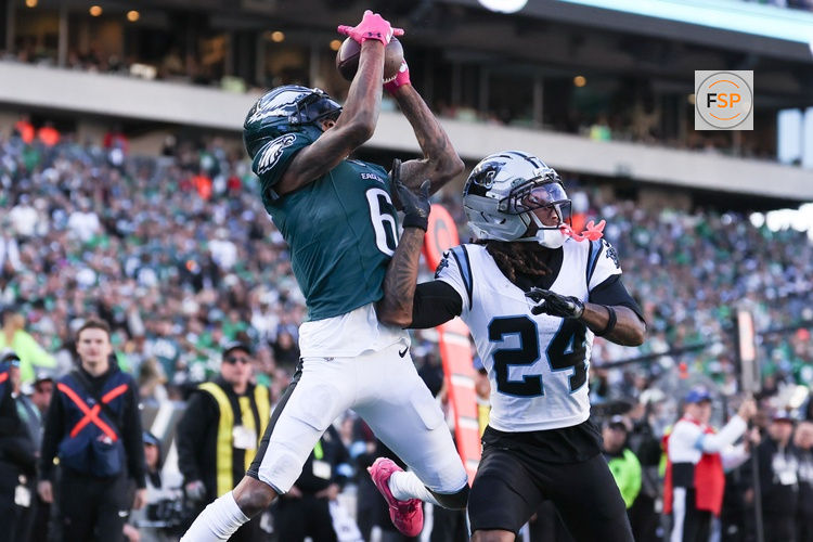 Oct 18, 2026; Philadelphia, Pennsylvania, USA; Philadelphia Eagles wide receiver DeVonta Smith (6) makes a touchdown catch past Carolina Panthers cornerback Will Lee III (24) at Lincoln Financial Field. Credit: Bill Streicher-Imagn Images