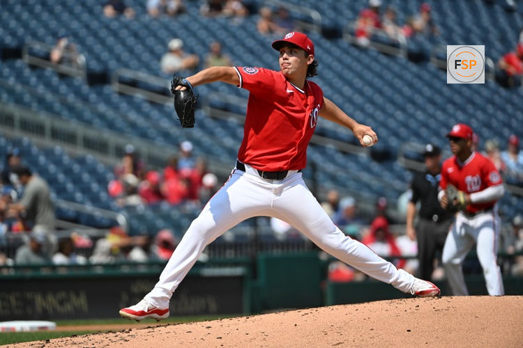 Aug 30, 2026; Washington, District of Columbia, USA; Washington Nationals pitcher Andrew Alvarez (54) throws to the Miami Marlins during the second inning at Nationals Park. Credit: Brad Mills-Imagn Images