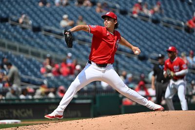 Aug 30, 2026; Washington, District of Columbia, USA; Washington Nationals pitcher Andrew Alvarez (54) throws to the Miami Marlins during the second inning at Nationals Park. Mandatory Credit: Brad Mills-Imagn Images