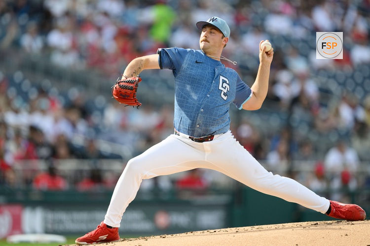 Apr 5, 2025; Washington, District of Columbia, USA; Washington Nationals pitcher Mitchell Parker (70) pitches during the second inning against the Arizona Diamondbacks at Nationals Park. Credit: Reggie Hildred-Imagn Images
