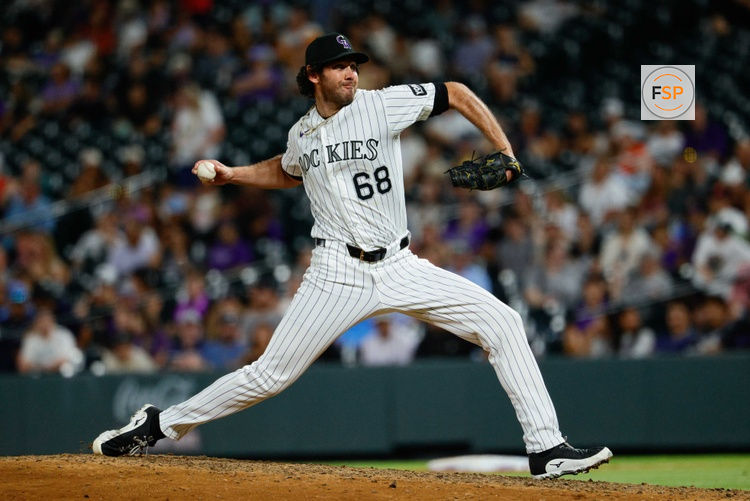 Jul 21, 2026; Denver, Colorado, USA; Colorado Rockies relief pitcher Jordan Romano (68) pitches in the ninth inning against the Washington Nationals at Coors Field. Credit: Isaiah J. Downing-Imagn Images