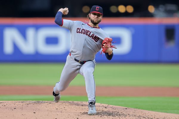 Aug 4, 2025; New York City, New York, USA; Cleveland Guardians starting pitcher Slade Cecconi (44) pitches against the New York Mets during the third inning at Citi Field. Mandatory Credit: Brad Penner-Imagn Images