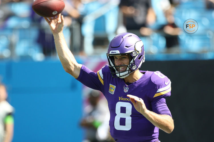 CHARLOTTE, NC - OCTOBER 01: Minnesota Vikings quarterback Kirk Cousins (8) during an NFL football game between the Minnesota Vikings and the Carolina Panthers on October 1, 2023 at Bank of America Stadium in Charlotte, N.C. (Photo by John Byrum/Icon Sportswire)